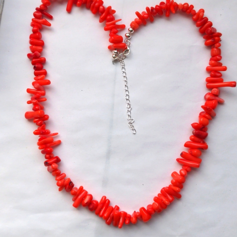 New Red Coral necklace. Sterling Silver 19"+ 3" long. Genuine gem. Colorful - Picture 2 of 5